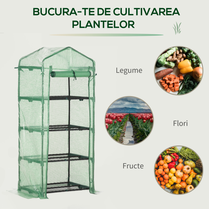  Sera verticala cu raft pe 4 niveluri, sera cu balcon si terasa din otel si PE verde inchis, 70x50x160cm [7]