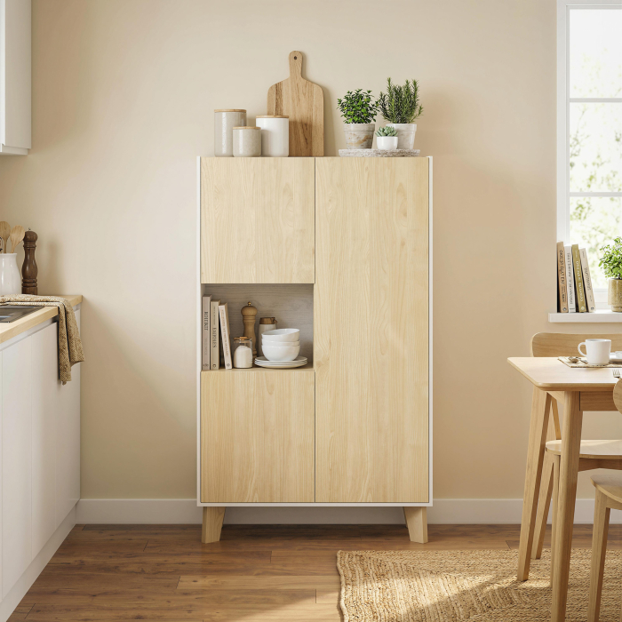  Servanta de Bucatarie, Mobilier de Bucatarie cu 6 Compartimente cu Usi Soft Close pentru Living, Sufragerie, Alb si Lemn [9]