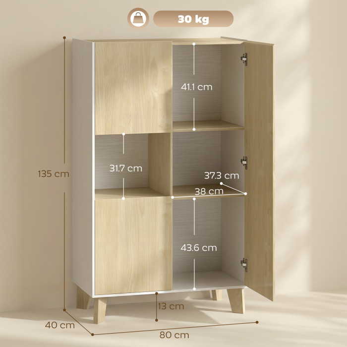  Servanta de Bucatarie, Mobilier de Bucatarie cu 6 Compartimente cu Usi Soft Close pentru Living, Sufragerie, Alb si Lemn [3]