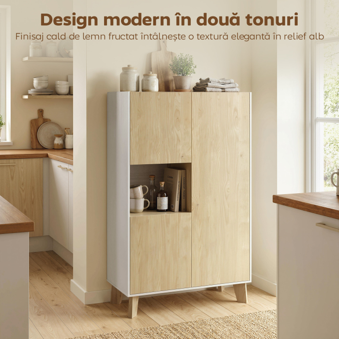  Servanta de Bucatarie, Mobilier de Bucatarie cu 6 Compartimente cu Usi Soft Close pentru Living, Sufragerie, Alb si Lemn [4]