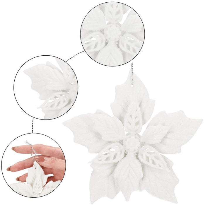 Set 10 flori de Craciun 12 cm, ornamente cu sclipici, plastic, alb [8]