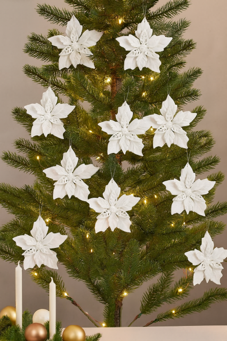 Set 10 flori de Craciun 12 cm, ornamente cu sclipici, plastic, alb [3]