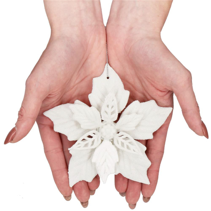 Set 10 flori de Craciun 12 cm, ornamente cu sclipici, plastic, alb [11]