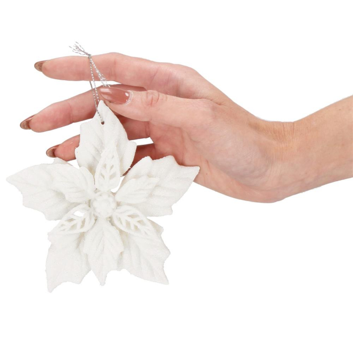 Set 10 flori de Craciun 12 cm, ornamente cu sclipici, plastic, alb [10]
