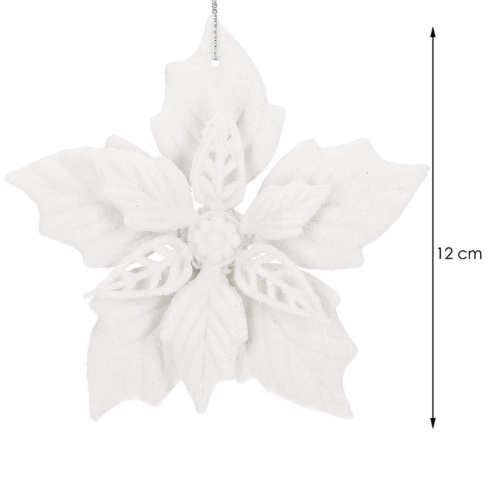 Set 10 flori de Craciun 12 cm, ornamente cu sclipici, plastic, alb [12]