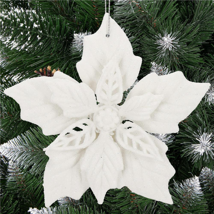 Set 10 flori de Craciun 12 cm, ornamente cu sclipici, plastic, alb [7]