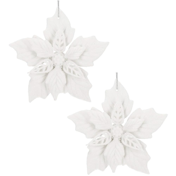 Set 10 flori de Craciun 12 cm, ornamente cu sclipici, plastic, alb [2]