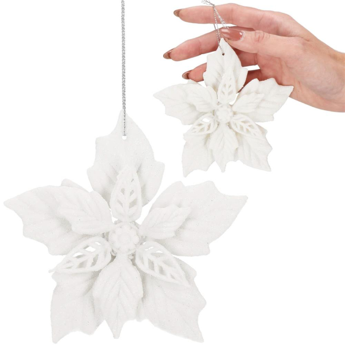 Set 10 flori de Craciun 12 cm, ornamente cu sclipici, plastic, alb [9]