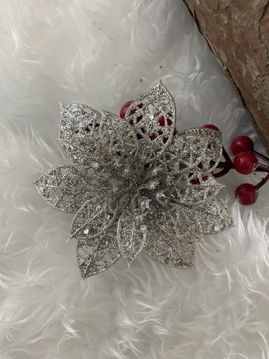 Set 10 ornamente pentru bradul de Craciun, stea Poinsettia, 10cm, argintiu [9]
