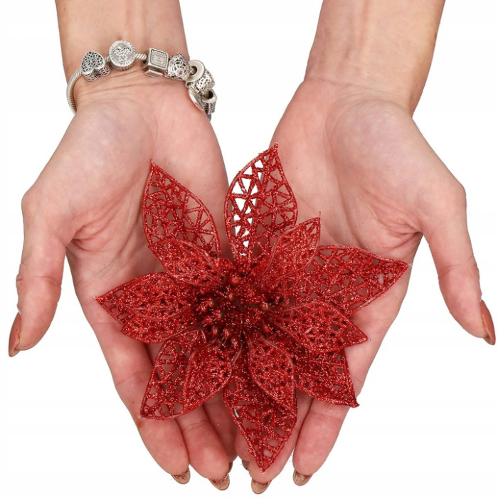Set 10 ornamente pentru bradul de Craciun, stea Poinsettia, 10cm, rosu [2]