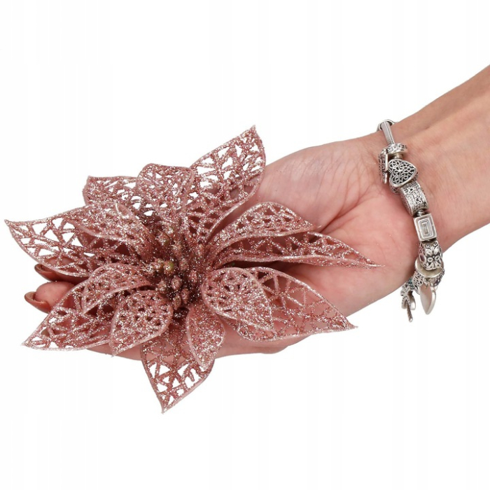 Set 10 ornamente pentru bradul de Craciun, stea Poinsettia, 10cm, roz [3]