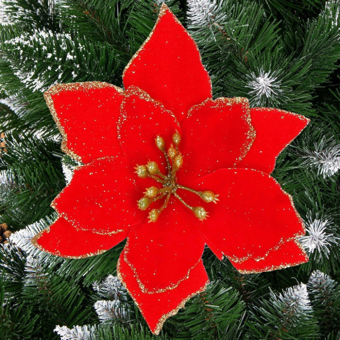 Set 10 ornamente pentru bradul de Craciun, stea Poinsettia, 13cm, rosu cu sclipici [1]