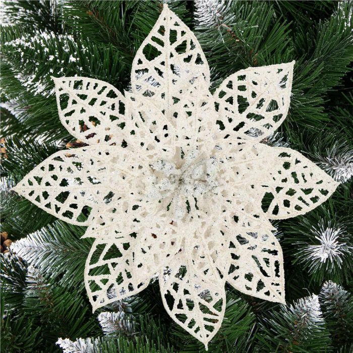 Set 10 ornamente pentru bradul de Craciun, stea Poinsettia, 14cm, alb cu sclipici [1]