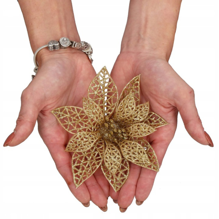 Set 10 ornamente pentru bradul de Craciun, stea Poinsettia, 14cm, auriu [2]