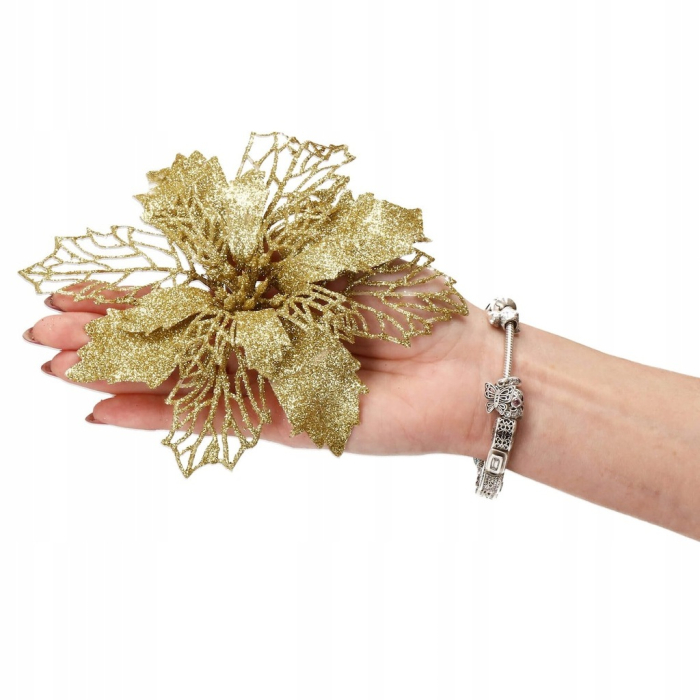 Set 10 ornamente pentru bradul de Craciun, stea Poinsettia, 16cm, galben auriu [6]