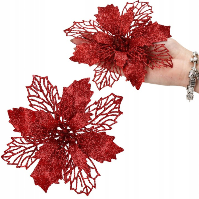 Set 10 ornamente pentru bradul de Craciun, stea Poinsettia, 16cm, visiniu [6]