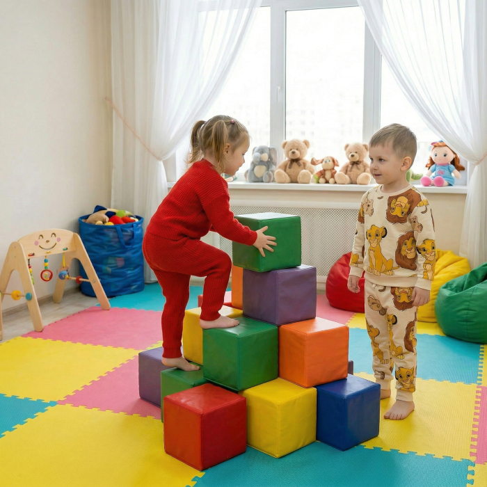  Set 12 Cuburi Moi pentru Copii 2+ Ani, Joc Educativ din Spuma, Blocuri de Constructie 20x20x20 cm, Multicolor [2]