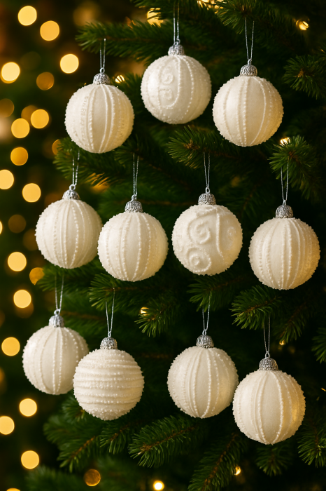 Set 12 globuri decorative cu sclipici si paiete, 3 modele asortate, diametru 8 cm, alb [6]