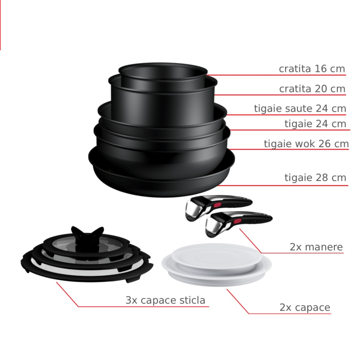 Set 13 piese Tefal Ingenio Excellence+ P0009753, tigaie de 24/28 cm, wok 26 cm, tigaie saute 24 cm, cratita 16/20 cm, capac ermetic 16/20 cm, capac st [8]