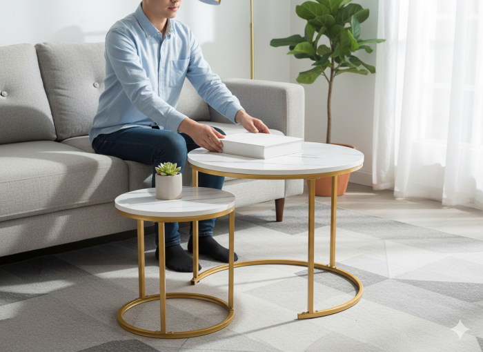 Set 2 masute cafea suprapozabile, MDF si metal, 60x50 cm si 40x40 cm, alb marmura si auriu [2]