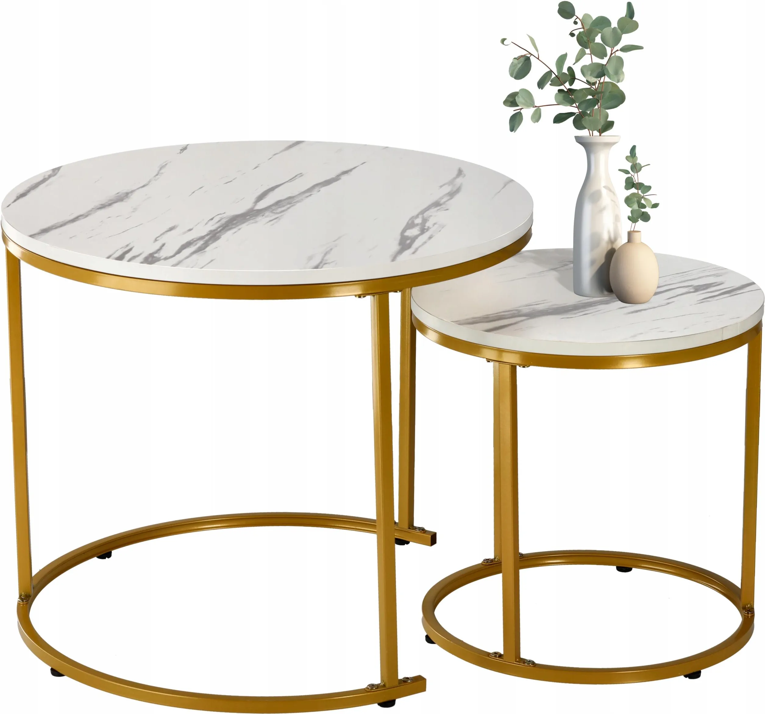 Set 2 masute cafea suprapozabile, MDF si metal, 60x50 cm si 40x40 cm, alb marmura si auriu [7]