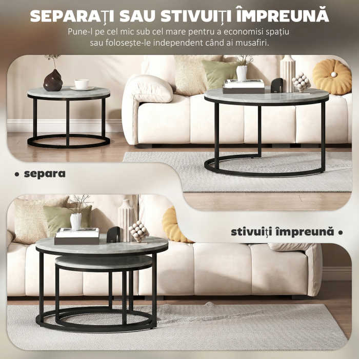  Set 2 masute de cafea moderne, suprapuse, rotunde, gri marmorat [5]