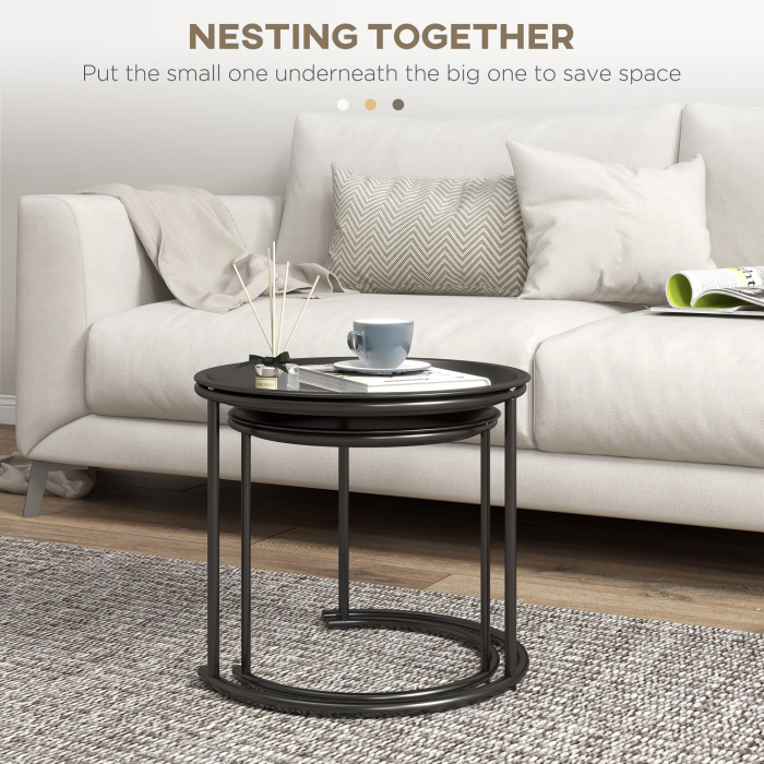  Set 2 Masute de Cafea Suprapozabile Rotunde cu Tavi Detasabile din Otel, Negru [4]