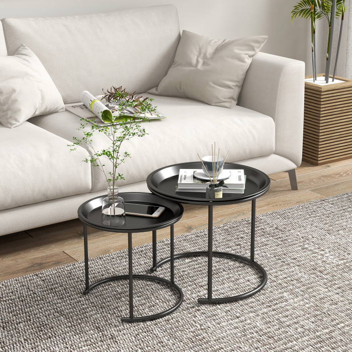  Set 2 Masute de Cafea Suprapozabile Rotunde cu Tavi Detasabile din Otel, Negru [7]