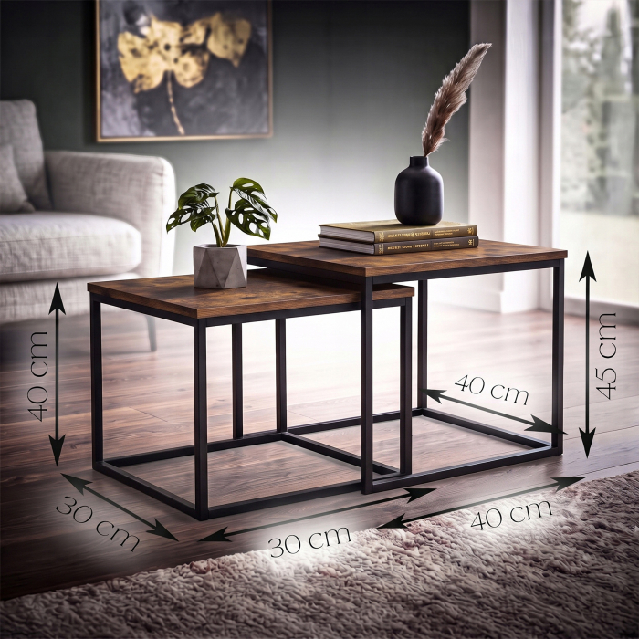 Set 2 masute de cafea tip cuib pentru living, design loft industrial cu cadru metalic, utilizare impreuna sau separat, suprapunere pentru economisirea [3]