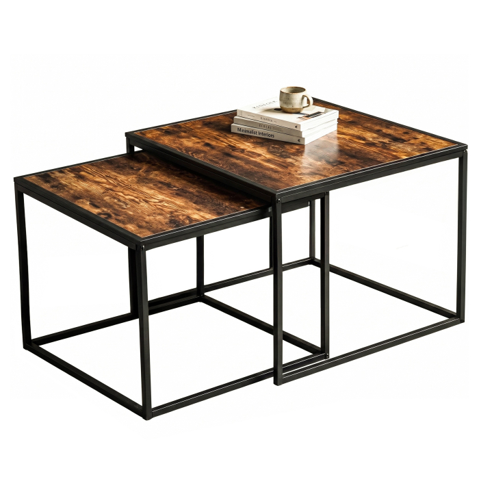 Set 2 masute de cafea tip cuib pentru living, design loft industrial cu cadru metalic, utilizare impreuna sau separat, suprapunere pentru economisirea [10]