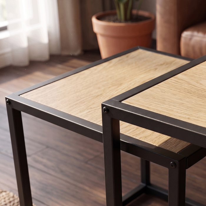 Set 2 masute de cafea tip cuib pentru living, design loft industrial cu cadru metalic, utilizare impreuna sau separat, suprapunere pentru economisirea [6]