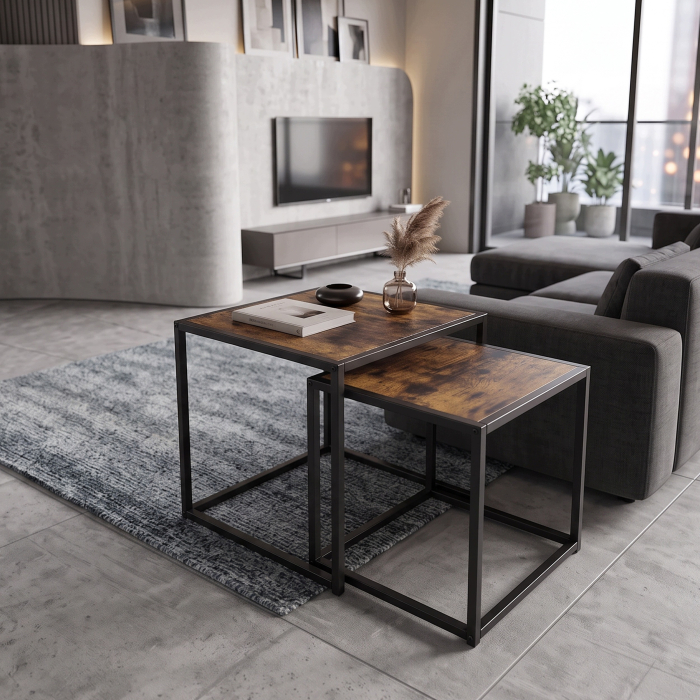 Set 2 masute de cafea tip cuib pentru living, design loft industrial cu cadru metalic, utilizare impreuna sau separat, suprapunere pentru economisirea [7]