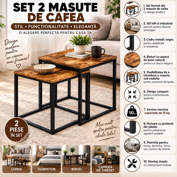 Set 2 masute de cafea tip cuib pentru living, design loft industrial cu cadru metalic, utilizare impreuna sau separat, suprapunere pentru economisirea [2]