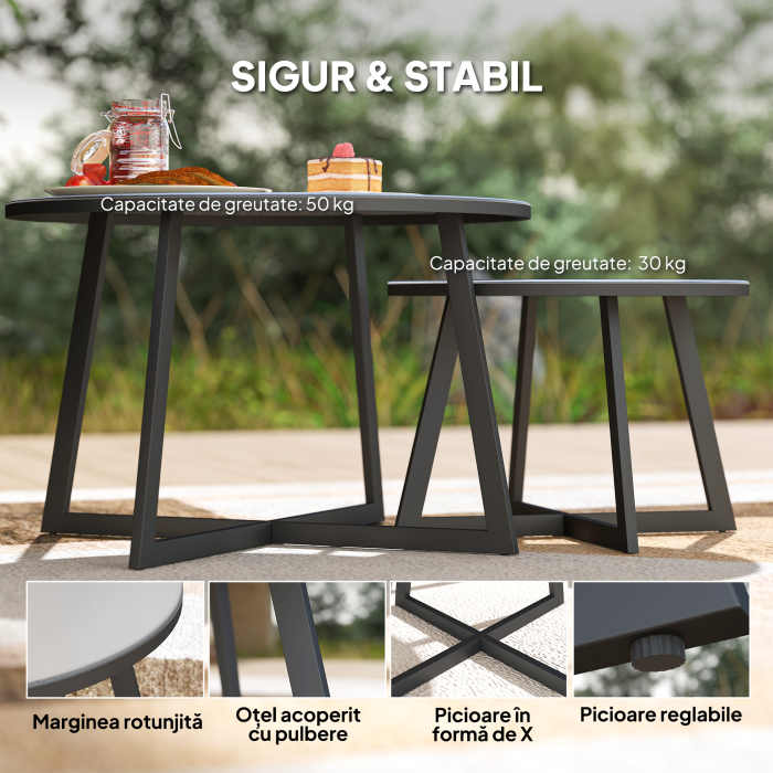  Set 2 Masute de Gradina cu Blat din Sticla Securizata, Ø70x45 cm, Gri [6]