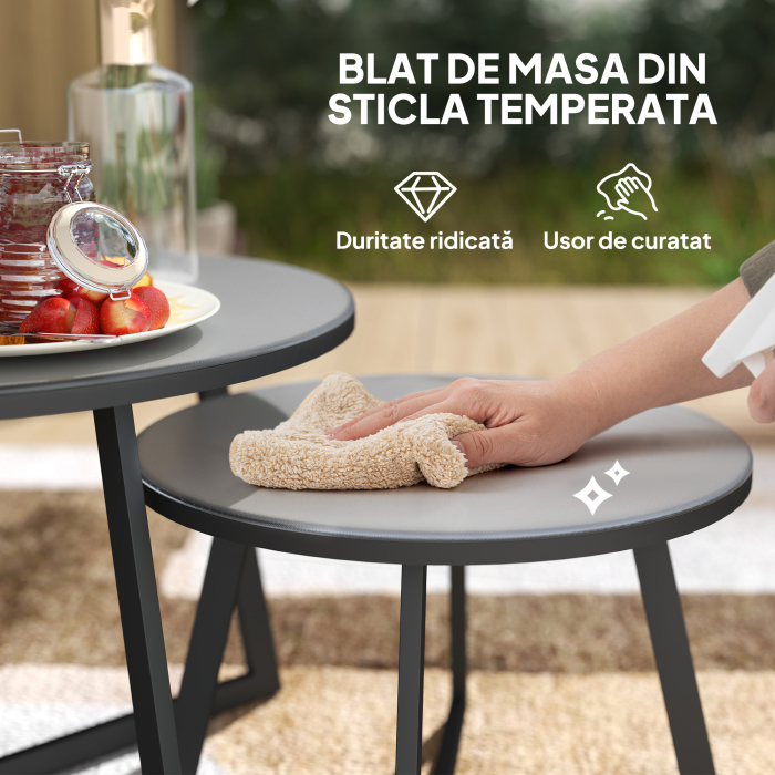  Set 2 Masute de Gradina cu Blat din Sticla Securizata, Ø70x45 cm, Gri [5]