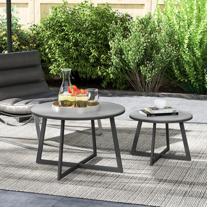  Set 2 Masute de Gradina cu Blat din Sticla Securizata, Ø70x45 cm, Gri [7]