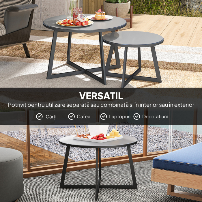  Set 2 Masute de Gradina cu Blat din Sticla Securizata, Ø70x45 cm, Gri [4]