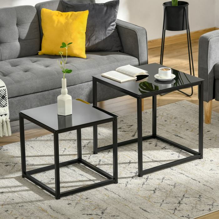  Set 2 Masute pentru Sufragerie Moderne din Otel si Sticla Securizata - Negru [2]