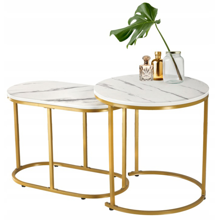 Set 2 mese pentru cafea, cadru otel, blat MDF model marmura, 50x50x50 cm si 60x32x44 cm, alb si auriu [2]