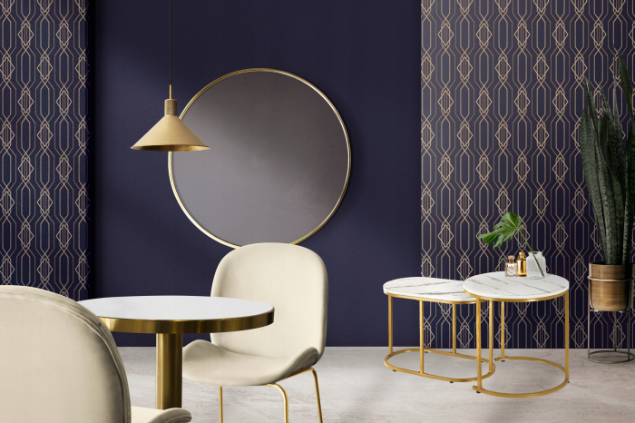 Set 2 mese pentru cafea, cadru otel, blat MDF model marmura, 50x50x50 cm si 60x32x44 cm, alb si auriu [3]