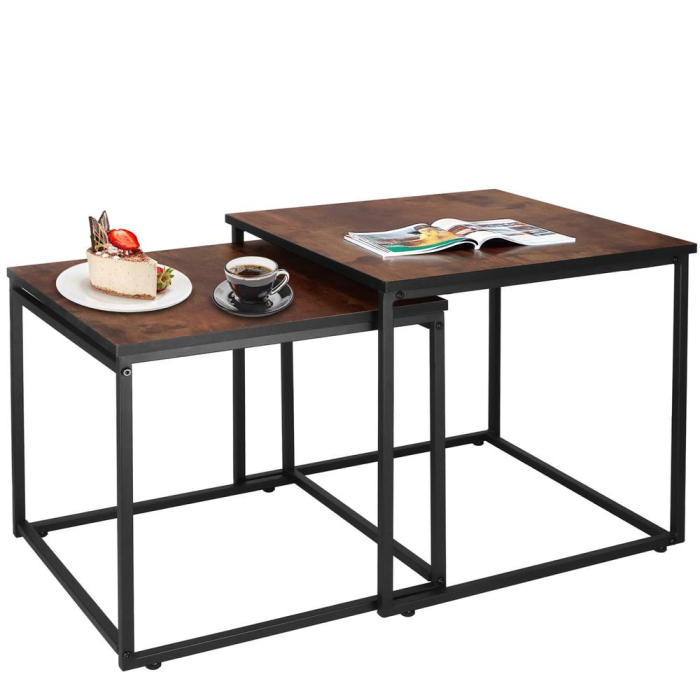 Set 2 mese pentru cafea, cadru otel, stil industrial, 50x50x52 cm si 45x45x47 cm, maro [4]