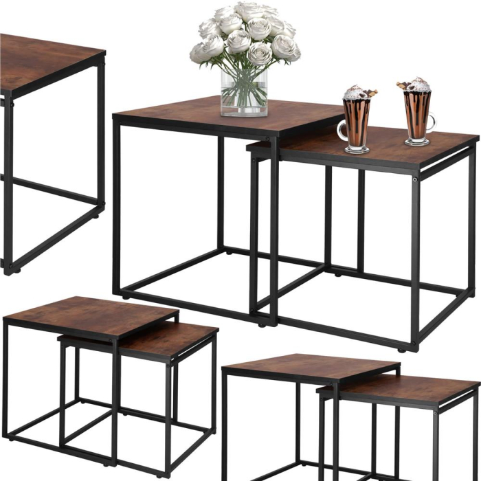Set 2 mese pentru cafea, cadru otel, stil industrial, 50x50x52 cm si 45x45x47 cm, maro [5]