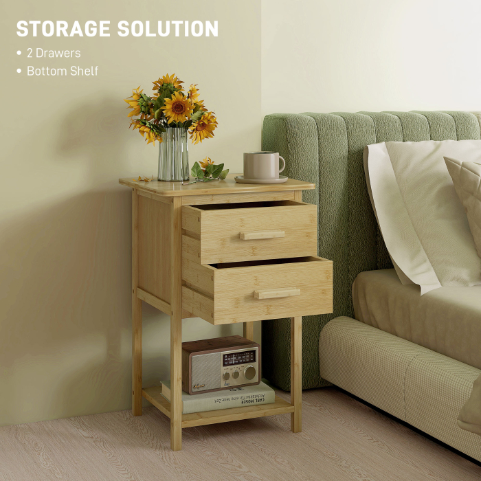  Set 2 noptiere cu 2 sertare si raft inferior in stil nordic, din bambus, 40x34x60 cm [6]