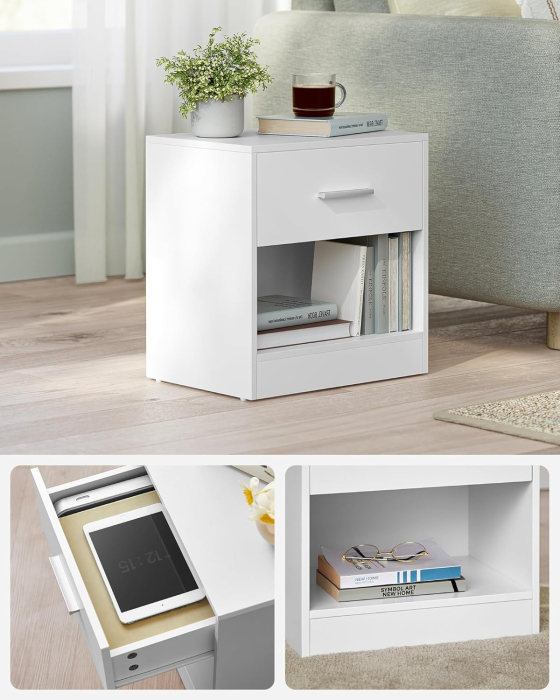 Set 2 noptiere, cu sertar si compartiment deschis, PAL, 28x39x41 cm, alb [5]