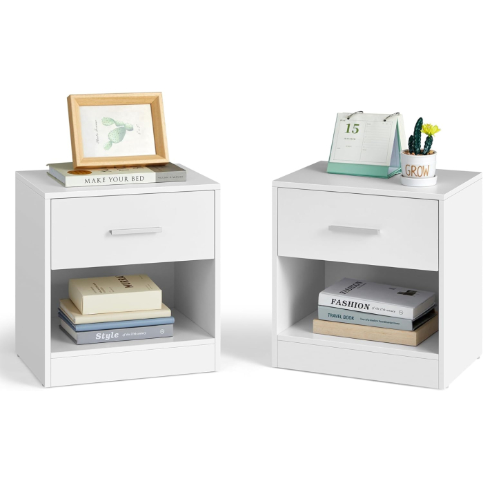 Set 2 noptiere, cu sertar si compartiment deschis, PAL, 28x39x41 cm, alb [7]