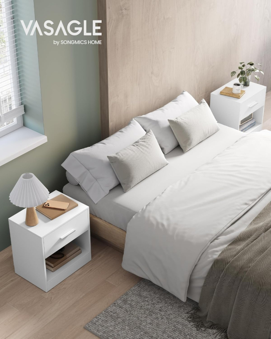 Set 2 noptiere, cu sertar si compartiment deschis, PAL, 28x39x41 cm, alb [4]