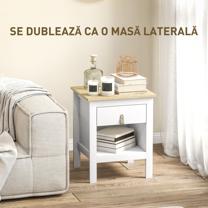  Set 2 Noptiere cu Sertar si Raft Deschis din Lemn, 45x40x55 cm, Alb si Stejar [6]