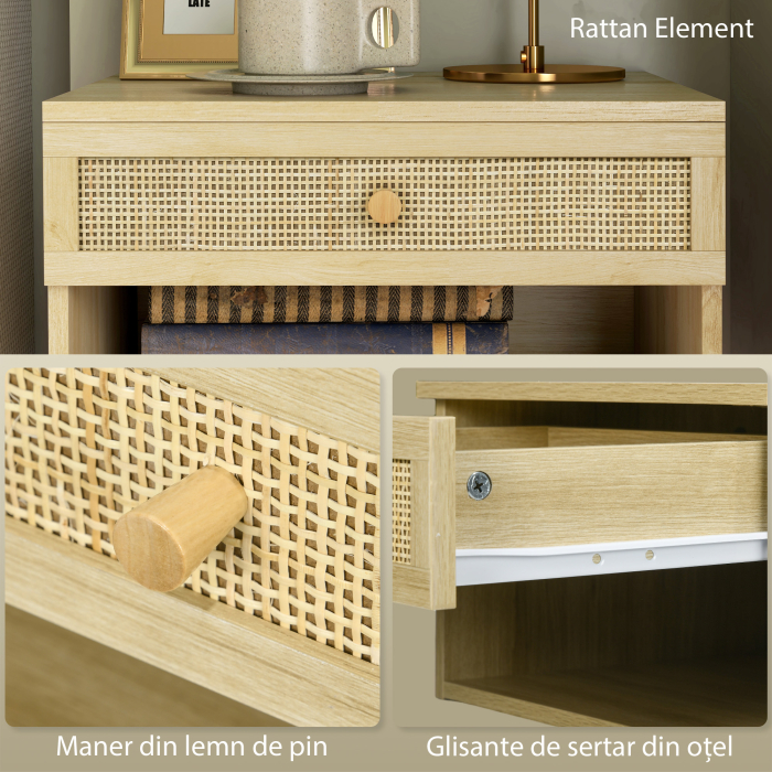  Set 2 noptiere cu sertar si rafturi deschise, stil Boho, din PAL si ratan, 40x34x23 cm [7]