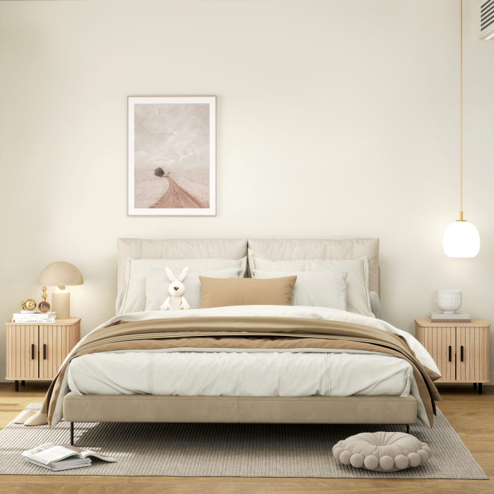  Set 2 Noptiere in stil Nordic cu Raft pe 2 Niveluri si Usa Culisanta pentru Dormitor, 48x40x48 cm, Lemn Natural [2]