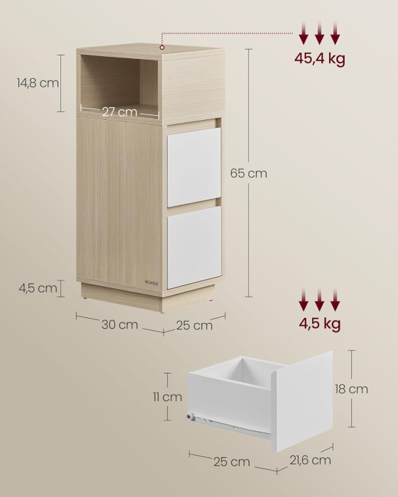 Set 2 noptiere inguste, cu 2 sertare si compartiment deschis, PAL si MDF, 30x25x65 cm, bej si alb [3]